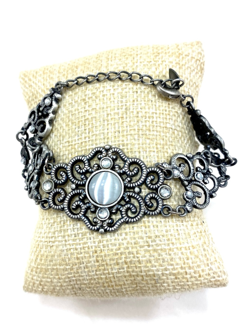 Delicate Silver-Tone Filigree Bracelet with Pale Blue Stone